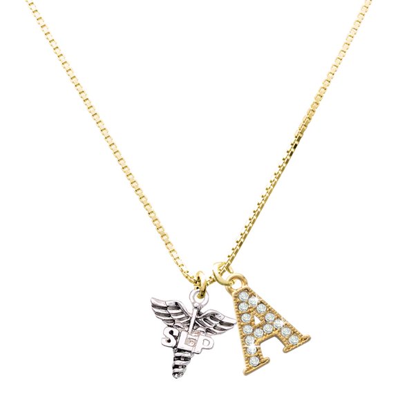 Delight Jewelry Silver-tone SLP Caduceus - Large Goldtone Crystal Initial - A - Charm Necklace, 17.5"+2"