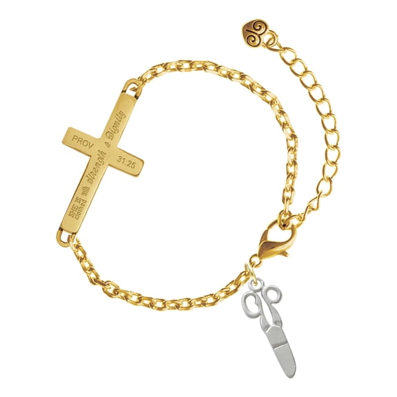 Delight Jewelry Silver-tone Scissors - Gold Tone Proverbs 31:25 She is Clothed with Strength and Dignity Engraved Cross Charm Bracelet, 6.5+1.5" Extender