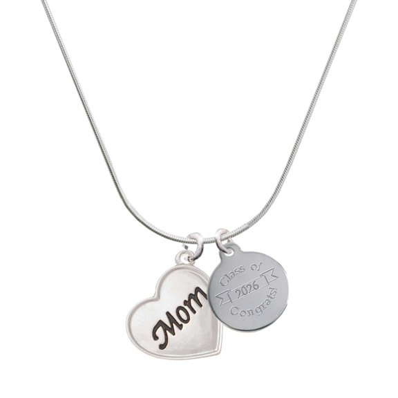 Delight Jewelry Silver-tone Script Mom Heart - Engraved Congrats Class of 2026 Charm Necklace, 18"