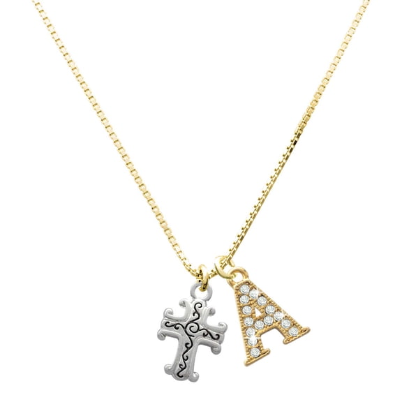 Delight Jewelry Silver-tone Scroll Cross with Antiqued Decoration - Large Goldtone Crystal Initial - A - Charm Necklace, 17.5"+2"