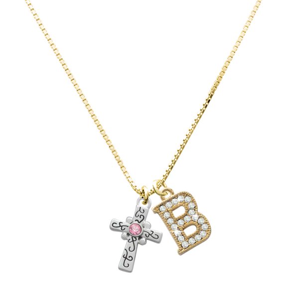 Delight Jewelry Silver-tone Scroll Cross with Pink Crystal - Large Goldtone Crystal Initial - B - Charm Necklace, 17.5"+2"