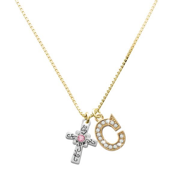 Delight Jewelry Silver-tone Scroll Cross with Pink Crystal - Large Goldtone Crystal Initial - C - Charm Necklace, 17.5"+2"