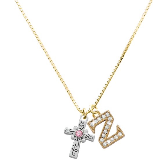 Delight Jewelry Silver-tone Scroll Cross with Pink Crystal - Large Goldtone Crystal Initial - Z - Charm Necklace, 17.5"+2"