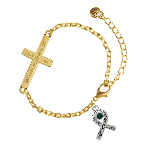 Delight Jewelry Silver-tone Scroll Ribbon with Green Crystal - Gold Tone Psalm 46:5 She will not fall Engraved Cross Charm Bracelet, 6.5+1.5" Extender