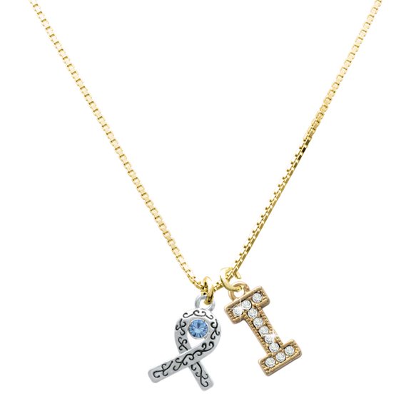 Delight Jewelry Silver-tone Scroll Ribbon with Light Blue Crystal Charm and Goldtone Crystal Initial I Charm Necklace, 17.5"+2"