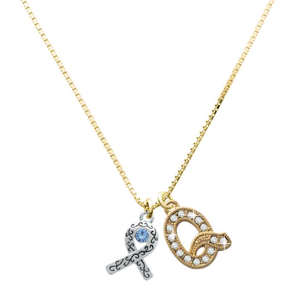 Delight Jewelry Silver-tone Scroll Ribbon with Light Blue Crystal - Large Goldtone Crystal Initial - Q - Charm Necklace, 17.5"+2"