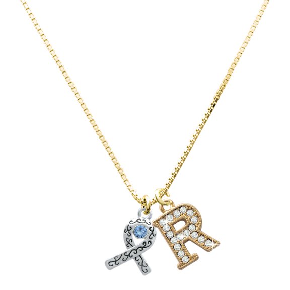 Delight Jewelry Silver-tone Scroll Ribbon with Light Blue Crystal - Large Goldtone Crystal Initial - R - Charm Necklace, 17.5"+2"