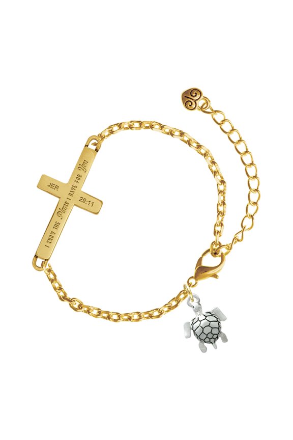 Silver-tone Sea Turtle - Gold Tone Jeremiah 29:11 I Have Plans for You Engraved Cross Charm Bracelet, 6.5+1.5" Extender