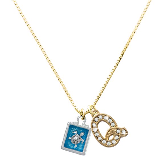 Delight Jewelry Silver-tone Sea Turtle in Shadow Box - Large Goldtone Crystal Initial - Q - Charm Necklace, 17.5"+2"