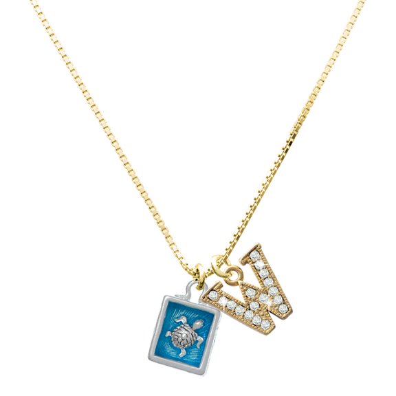 Delight Jewelry Silver-tone Sea Turtle in Shadow Box - Large Goldtone Crystal Initial - W - Charm Necklace, 17.5"+2"