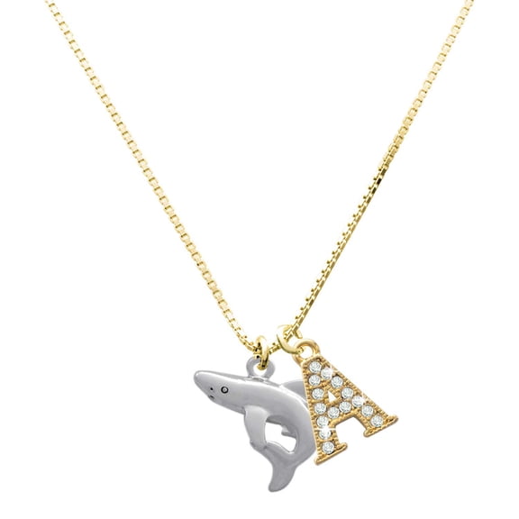 Delight Jewelry Silver-tone Shark - Large Goldtone Crystal Initial - A - Charm Necklace, 17.5"+2"