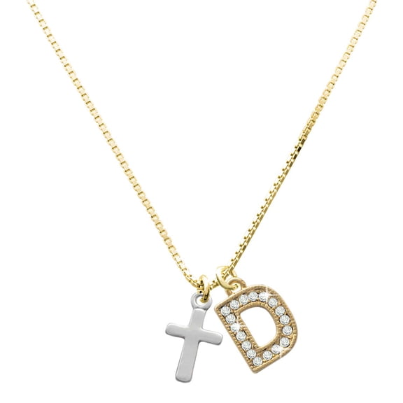 Delight Jewelry Silver-tone Simple Plain Small Cross with a Large Goldtone Crystal Initial - D - Charm Necklace, 17.5"+2"
