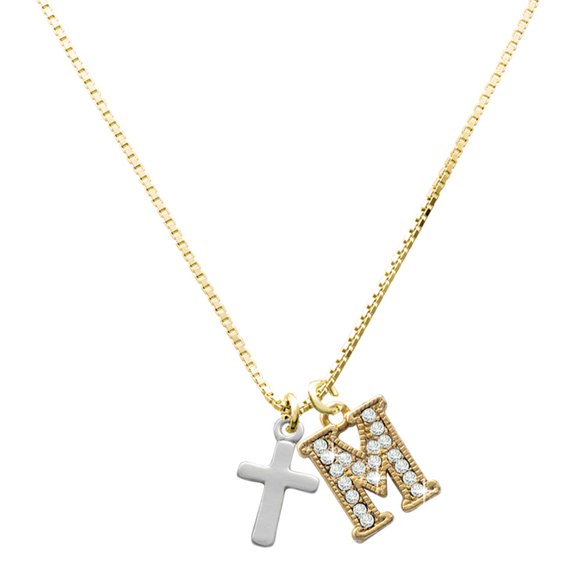 Delight Jewelry Silver-tone Simple Plain Small Cross - Large Goldtone Crystal Initial - M - Charm Necklace, 17.5"+2"