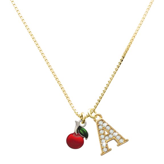 Delight Jewelry Silver-tone Single Red Cherry - Large Goldtone Crystal Initial - A - Charm Necklace, 17.5"+2"