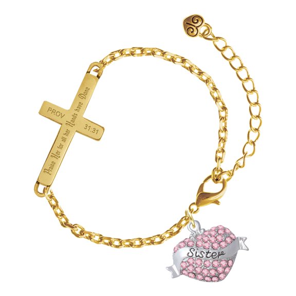 Delight Jewelry Silver-tone Sister Banner on Pink Crystal Heart - Gold Tone Proverbs 31:31 Praise Her for all Her Hands have Done Engraved Cross Charm Bracelet, 6.5+1.5" Extender