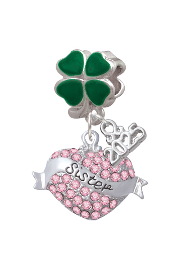 Silver-tone Sister Banner on Pink Crystal Heart - Good Luck Green Four Leaf Clover Charm Bead Dangle with Mini 2025