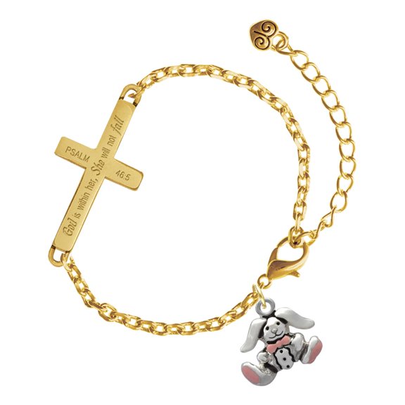Delight Jewelry Silver-tone Sitting Bunny with Easter Egg - Gold Tone Psalm 46:5 She will not fall Engraved Cross Charm Bracelet, 6.5+1.5" Extender