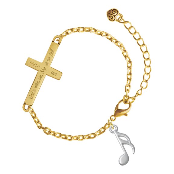 Delight Jewelry Silver-tone Sixteenth Note - Gold Tone Psalm 46:5 She will not fall Engraved Cross Charm Bracelet, 6.5+1.5" Extender