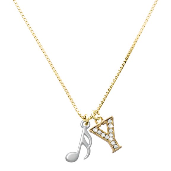 Delight Jewelry Silver-tone Sixteenth Note - Large Goldtone Crystal Initial - Y - Charm Necklace, 17.5"+2"