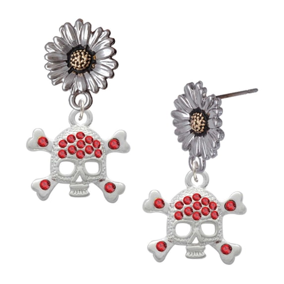 Delight Jewelry Silver-tone Skull and Crossbones with Red Crystals - Two-tone Daisy Flower Post Earrings