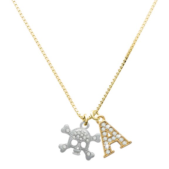 Delight Jewelry Silver-tone Skull with Clear Crystals - Large Goldtone Crystal Initial - A - Charm Necklace, 17.5"+2"