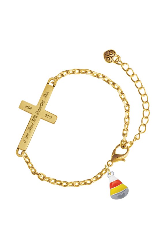 Silver-tone Small 3-D Enamel Candy Corn - Gold Tone Jeremiah 31:3 Everlasting Love Engraved Cross Charm Bracelet, 6.5+1.5" Extender