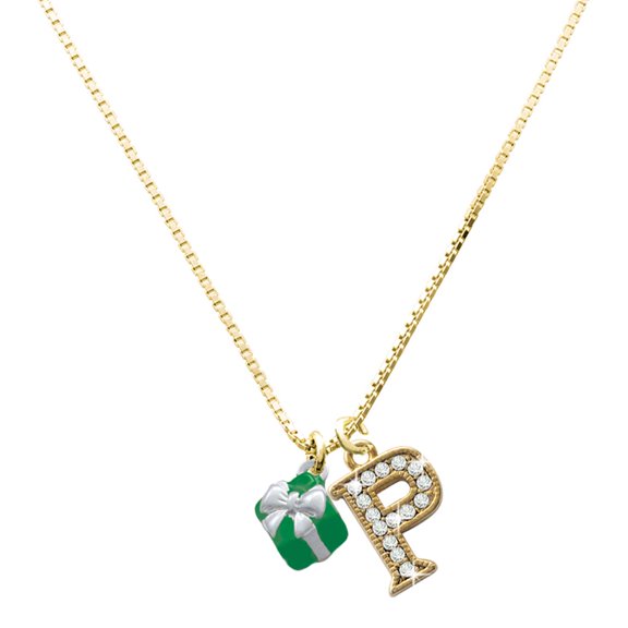 Delight Jewelry Silver-tone Small 3-D Green Present with Bow - Large Goldtone Crystal Initial - P - Charm Necklace, 17.5"+2"