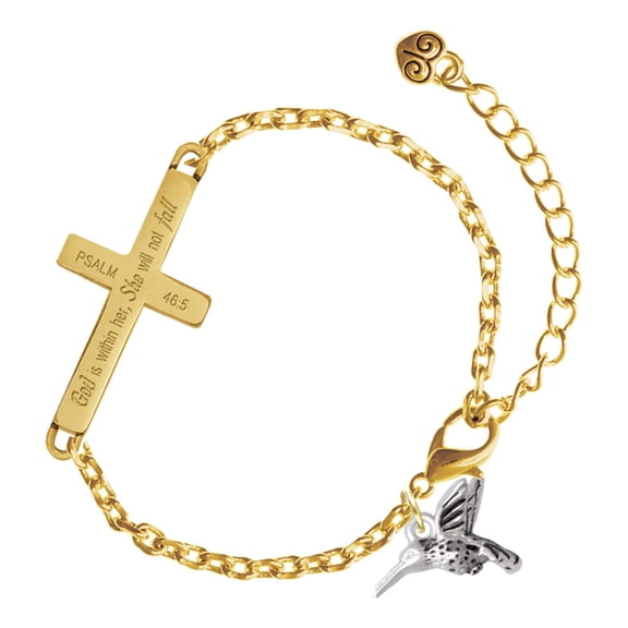 Delight Jewelry Silver-tone Small 3-D Hummingbird - Gold Tone Psalm 46:5 She will not fall Engraved Cross Charm Bracelet, 6.5+1.5" Extender