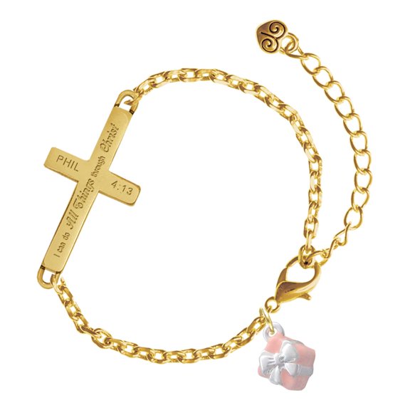 Delight Jewelry Silver-tone Small 3-D Pink Present Box with Bow - Gold Tone Philipians 4:13 I Do All Things Through Christ Engraved Cross Charm Bracelet, 6.5+1.5" Extender