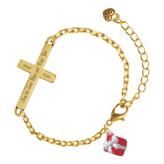 Delight Jewelry Silver-tone Small 3-D Red Present Box with Bow - Gold Tone Numbers 6:24 May the Lord Bless You Engraved Cross Charm Bracelet, 6.5+1.5" Extender