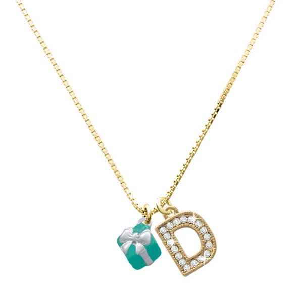 Delight Jewelry Silver-tone Small 3-D Teal Present with Bow - Large Goldtone Crystal Initial - D - Charm Necklace, 17.5"+2"