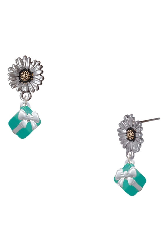 Silver-tone Small 3-D Teal Present with Bow - Two-tone Daisy Flower Post Earrings