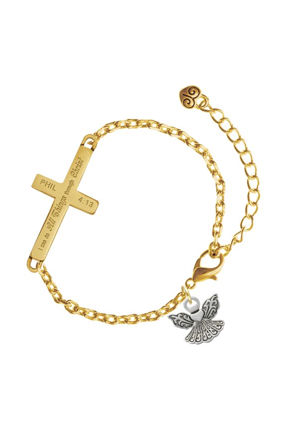 Silver-tone Small Angel with Heart - Gold Tone Philipians 4:13 I Do All Things Through Christ Engraved Cross Charm Bracelet, 6.5+1.5" Extender