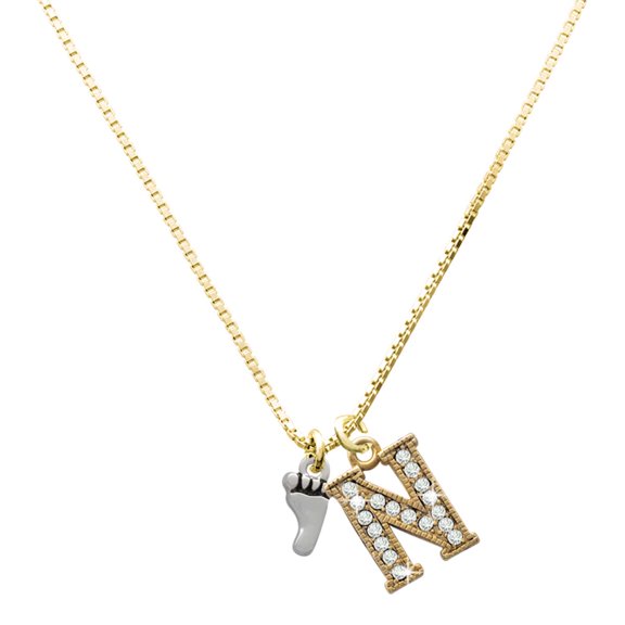 Delight Jewelry Silver-tone Small Bare Feet - Large Goldtone Crystal Initial - N - Charm Necklace, 17.5"+2"