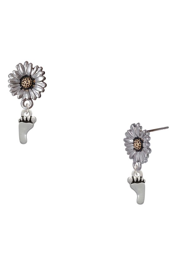 Silver-tone Small Bare Feet - Two-tone Daisy Flower Post Earrings