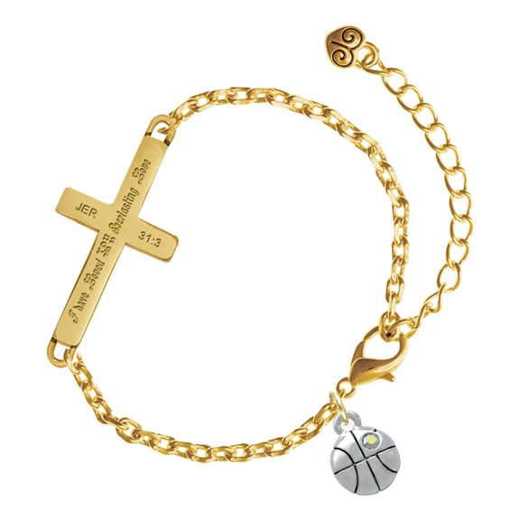 Delight Jewelry Silver-tone Small Basketball with a AB Crystal - Gold Tone Jeremiah 31:3 Everlasting Love Engraved Cross Charm Bracelet, 6.5+1.5" Extender