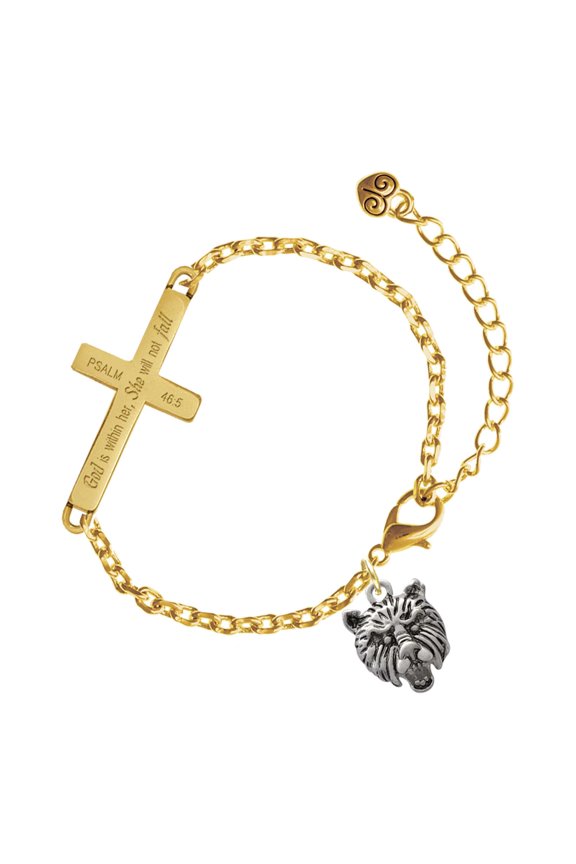 Silver-tone Small Bear - Mascot - Gold Tone Psalm 46:5 She will not fall Engraved Cross Charm Bracelet, 6.5+1.5" Extender