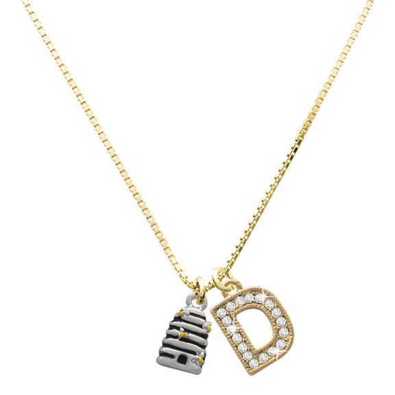 Delight Jewelry Silver-tone Small Beehive with 4 Bees - Large Goldtone Crystal Initial - D - Charm Necklace, 17.5"+2"