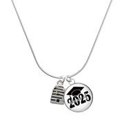 Delight Jewelry Silver-tone Small Beehive with 4 Bees - Script Class of 2025 Dome Charm Necklace, 18"