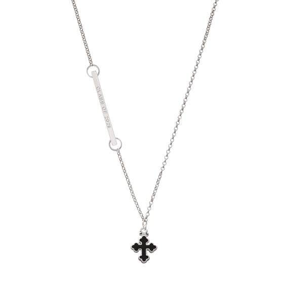 Delight Jewelry Silver-tone Small Black Enamel Botonee Cross on a Class of 2026 Delicate Bar Necklace, 18.75"