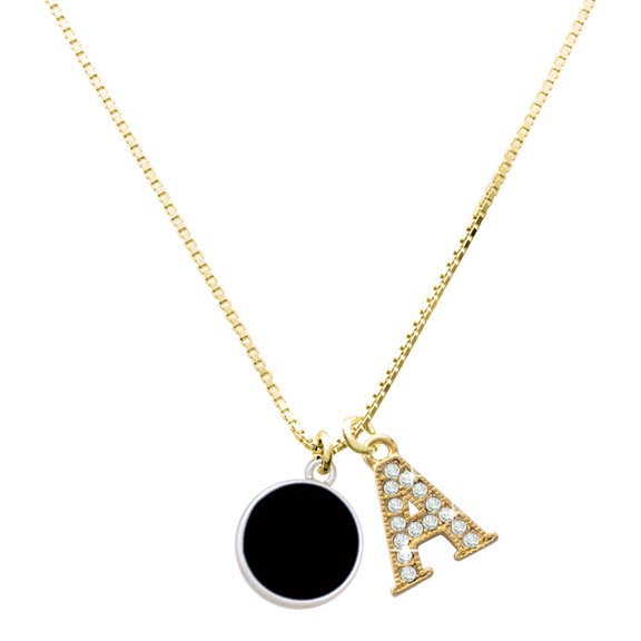 Delight Jewelry Silver-tone Small Black Enamel Disc - Large Goldtone Crystal Initial - A - Charm Necklace, 17.5"+2"