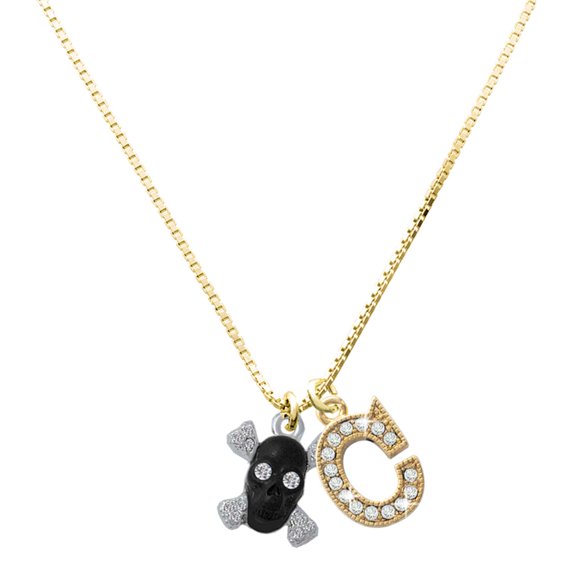 Delight Jewelry Silver-tone Small Black Resin Skull with Clear Crystals - Large Goldtone Crystal Initial - C - Charm Necklace, 17.5"+2"