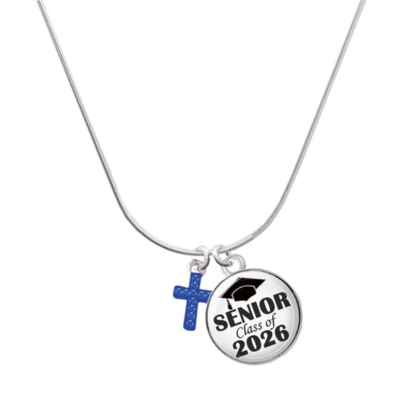Delight Jewelry Silver-tone Small Blue Crystal Cross - Silvertone Senior Class of 2026 Dome Necklace, 18"