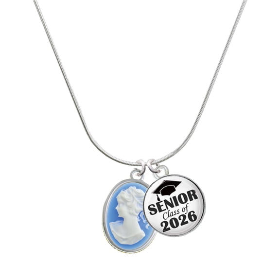 Delight Jewelry Silver-tone Small Blue Oval Cameo - Silvertone Senior Class of 2026 Dome Necklace, 18"
