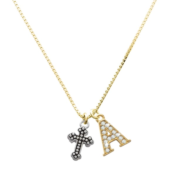Delight Jewelry Silver-tone Small Botonee Cross with Beaded Decoration - Large Goldtone Crystal Initial - A - Charm Necklace, 17.5"+2"