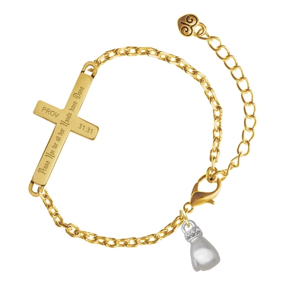 Delight Jewelry Silver-tone Small Boxing Glove - Gold Tone Proverbs 31:31 Praise Her for all Her Hands have Done Engraved Cross Charm Bracelet, 6.5+1.5" Extender