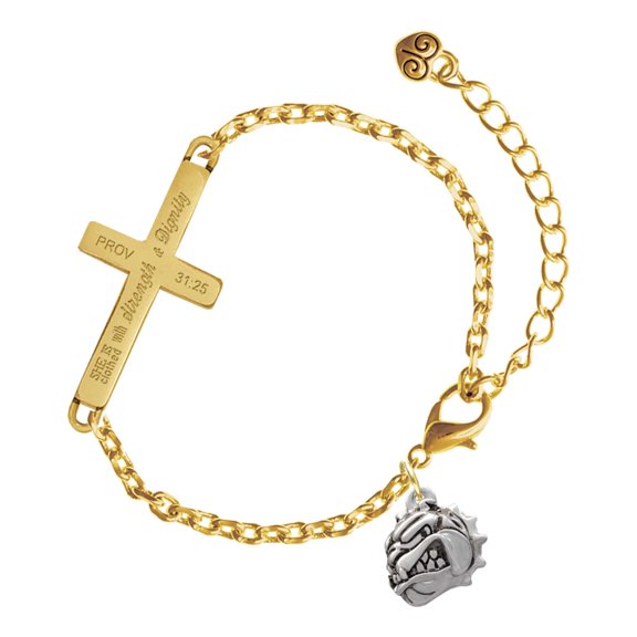 Delight Jewelry Silver-tone Small Bulldog - Mascot - Gold Tone Proverbs 31:25 She is Clothed with Strength and Dignity Engraved Cross Charm Bracelet, 6.5+1.5" Extender