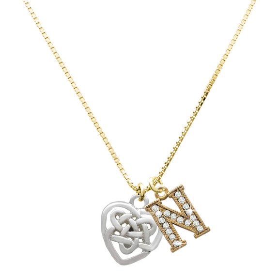 Delight Jewelry Silver-tone Small Celtic Heart Knot - Large Goldtone Crystal Initial - N - Charm Necklace, 17.5"+2"