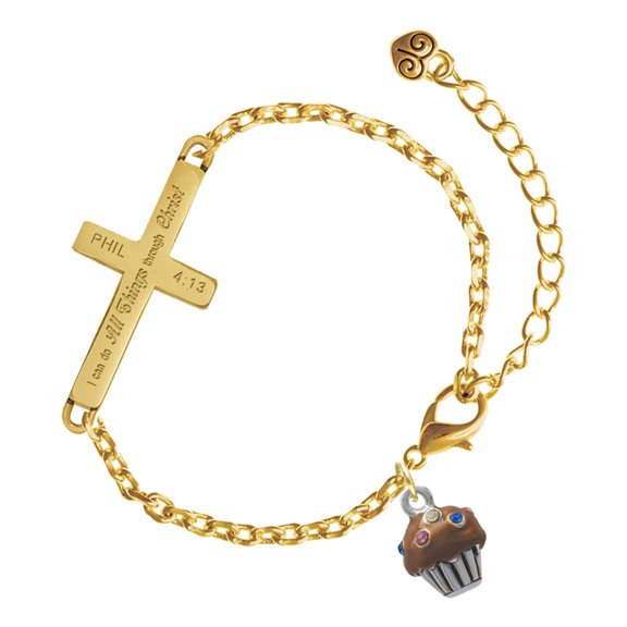 Delight Jewelry Silver-tone Small Chocolate Cupcake with Crystal Sprinkles - Gold Tone Philipians 4:13 I Do All Things Through Christ Engraved Cross Charm Bracelet, 6.5+1.5" Extender
