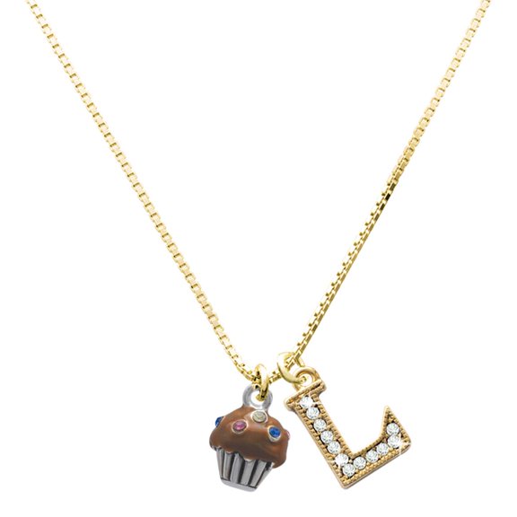 Delight Jewelry Silver-tone Small Chocolate Cupcake with Crystal Sprinkles - Large Goldtone Crystal Initial - L - Charm Necklace, 17.5"+2"